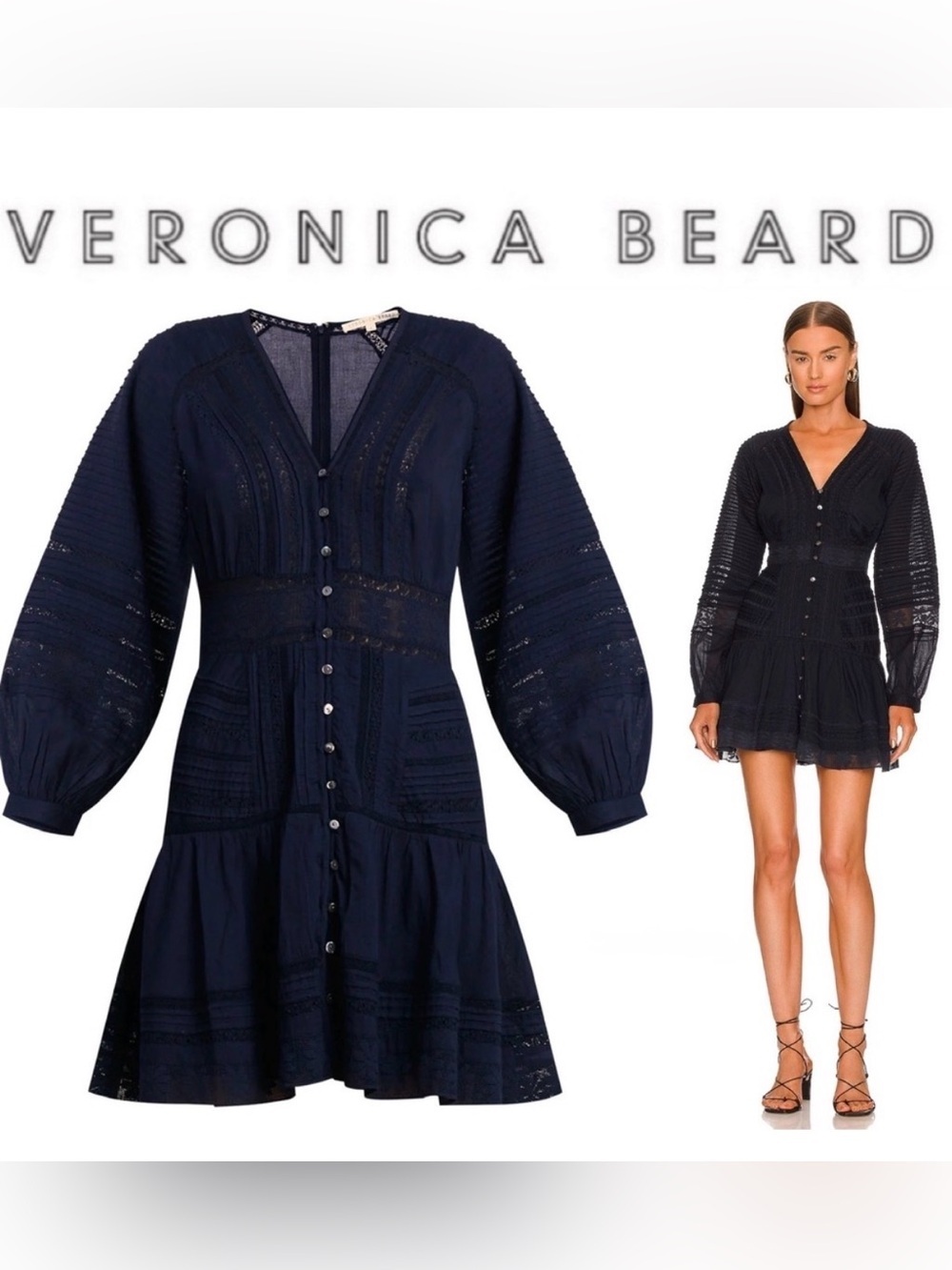 Veronica Beard Navy Button-Front Lace-Trim Mini Dress